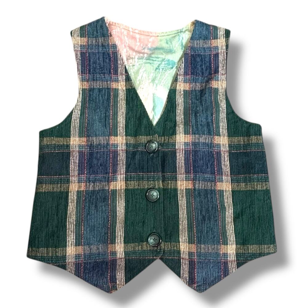 Handmade Vintage Green Blue Tartan Plaid Button Front Tailored Suit Vest Preppy